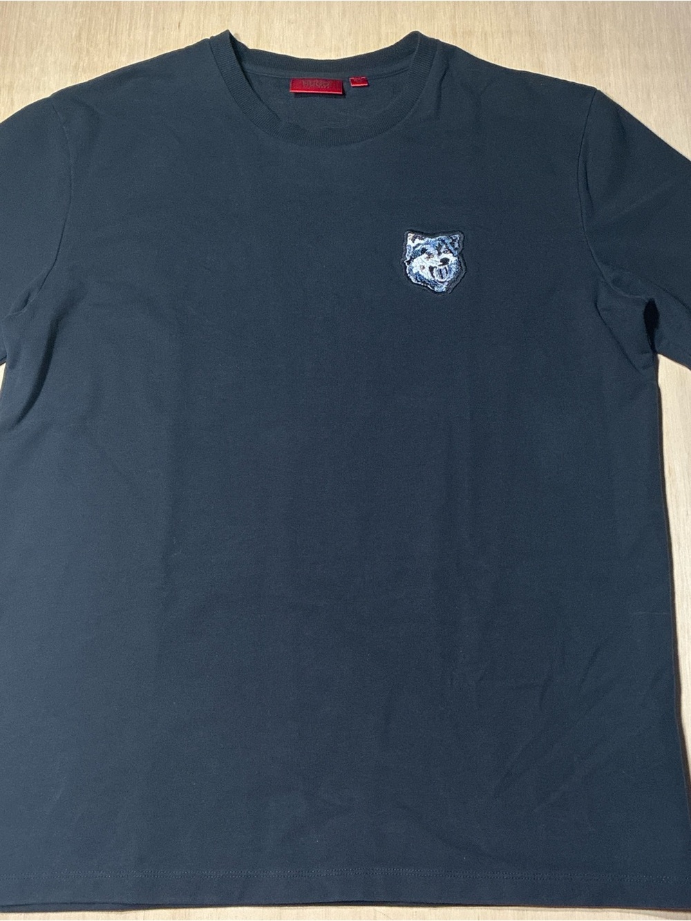 HUGO Navy Short Sleeve Crewneck Tee with Embroidered Wolf Patch